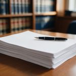 Pilha de documentos e uma caneta-tinteiro sobre a mesa, com estante de livros jurídicos ao fundo