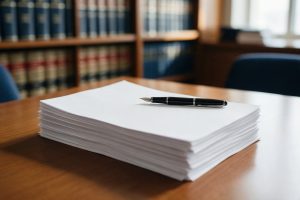 Pilha de documentos e uma caneta-tinteiro sobre a mesa, com estante de livros jurídicos ao fundo