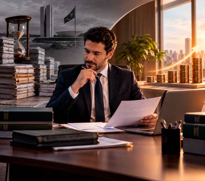 Advogado analisando documentos em um escritório, com pilhas de processos, uma ampulheta e moedas empilhadas ao fundo