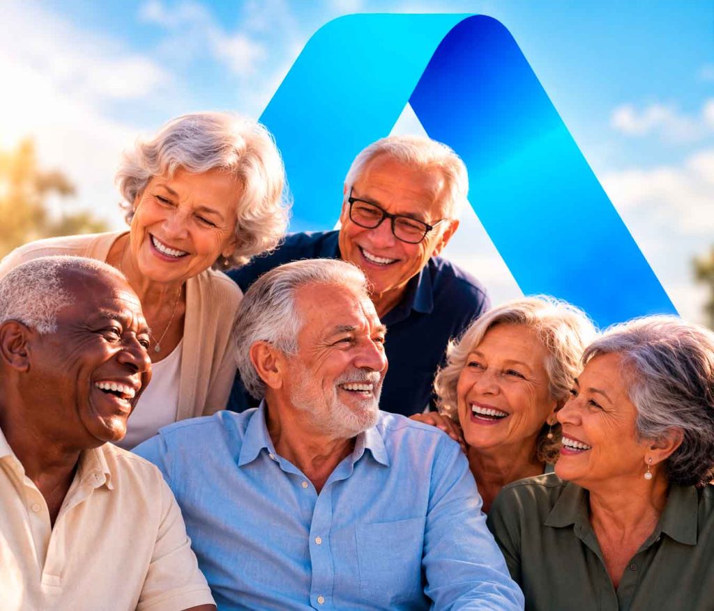 Grupo de pessoas idosas sorrindo ao ar livre, com o símbolo da ALMEGA ATIVOS no céu ao fundo